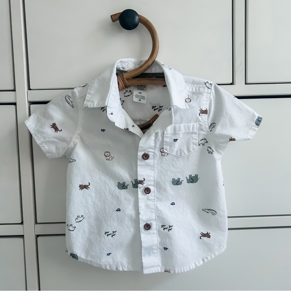 Short sleeve button up baby bow shirt with animals. White/neutral colors. 6 mo